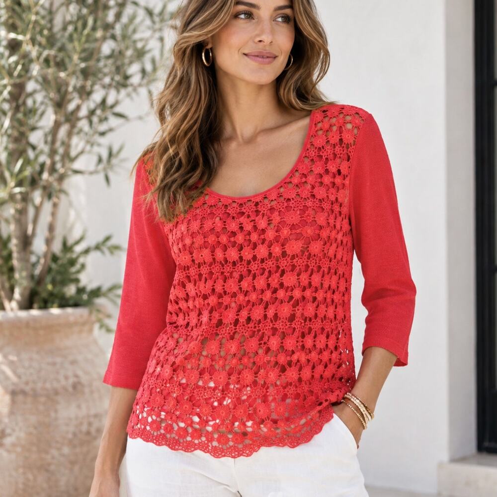 Maje Paris Larson Top SZ 3 L Linen Cotton Floral Crochet Lace Coral Red Romantic